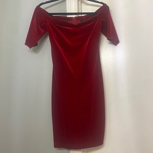 Cranberry Velvet Off The Shoulder Dress. Fits like a 3/5